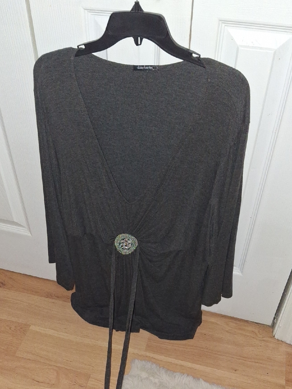Gray Women's V-Neck Blouse with Decorative Tie
